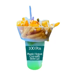 100 pcs, Disposable Hotpot Plastic Drink Cup Bowl with Top Snack Tray Lids