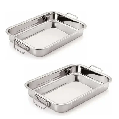 SS Premium 16 x 11 x 3 Inch Rectangular Deep Tray With Handle(Pack-Pack of 2)