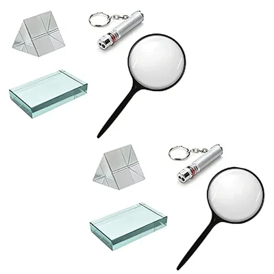 SBT Instruments 8pcs Desktop Optical Kit- Magnifying Glass, Prisms 50x50mm, Red Laser Pointer, Glass Slab 75x50x18mm