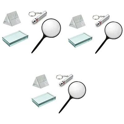 SBT Instruments 12pcs Desktop Optical Kit- Magnifying Glass, Prisms 50x50mm, Red Laser Pointer, Glass Slab 75x50x18mm
