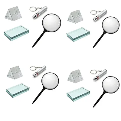 SBT Instruments 16pcs Desktop Optical Kit- Magnifying Glass, Prisms 50x50mm, Red Laser Pointer, Glass Slab 75x50x18mm
