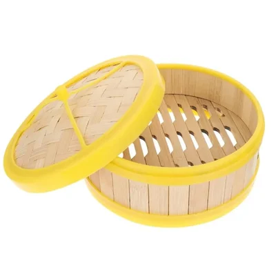 Round Wooden Dimsum Basket with Yellow Border(Size-5 inch)