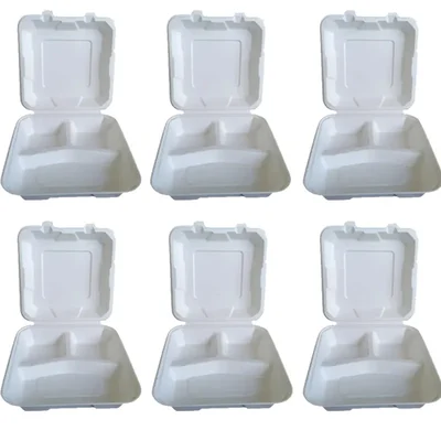 8x8 Inch Disposable Clamshell Box with 3 Comparments | Meal Box with Lid, Leak-Resistant for Cake, Burger, Salad, Rice(Pack-50 pcs)