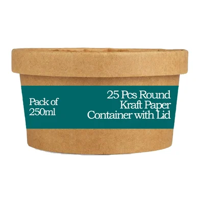 POCHEON® 25 pcs Round Brown Disposable Paper Containers with Lid(Size-250 ml)