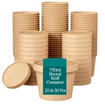 750ml, 330 GSM Round Food Containers with Lids of Brown Kraft Paper for Meal, Takeout and Delivery