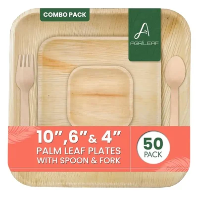 Agrileaf 50 Pcs, Eco-friendly Palm Leaf Dinnerware Combo of 10 inch Plates, 6 inch Plates, 4 inch Bowls, Spoons and Forks