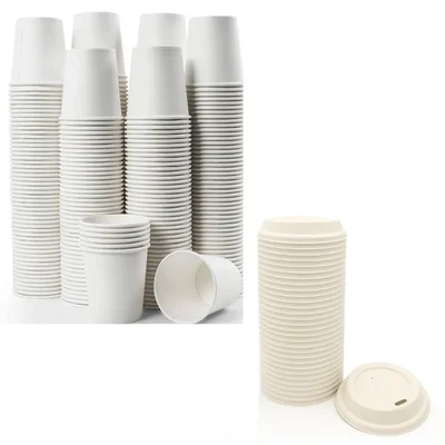 Disposable Double Wall 500pcs Coffee Cup, 250ml Capacity, Insulated Cups with Bagasse Lids for Cafes, Takeaway Service