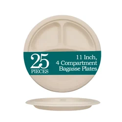 POCHEON 25 Pcs, 11 Inch 4-Section Sugarcane Bagasse Plates for Outdoor and Indoor Events