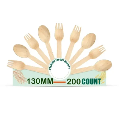 200 Pcs, 130mm Disposable Spoons & Fork Set || Wooden Dining Flatware, Ideal for Kids Birthday, Wedding & Party