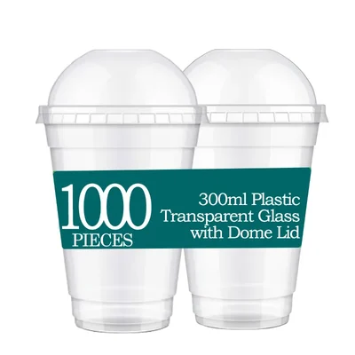 1000pcs, 300ml Clear Plastic Glass with Dome Lids for Iced Coffee, Soda, Smoothies and Shakes