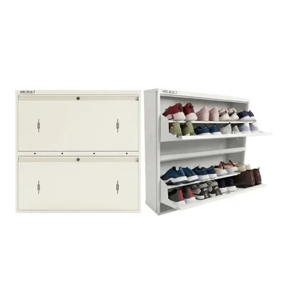 WELBUILT 16-Pair Wall Mounted Metal Shoe Rack, Slim 2 Door 4 Shelf Double Decker Cabinet with Lock, White