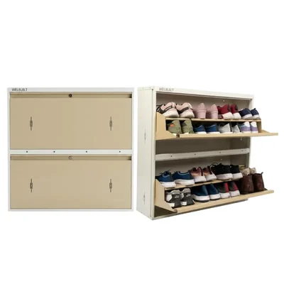 WELBUILT 16-Pair Wall Mounted Metal Shoe Rack, Slim 2 Door 4 Shelf Double Decker Cabinet with Lock, White & Biscuit