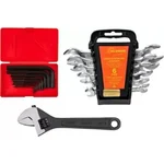 Globus 1236-Double Open End Spanner (Set/6) in Rake & Adjustable Wrench,black (6"/150mm) And Allen Key Set/9.(1.5mm-10mm) Hand Tool Kit (3 Tools)