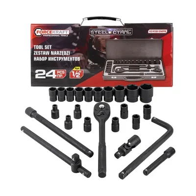 FORCEKRAFT 24 Piece ½″ Drive Air/Impact Socket Wrench Set | Cr‑Mo Alloy | Metric 6‑Point Sockets 8–32 mm | High‑Torque Kit (FK‑4245B‑5MPB)