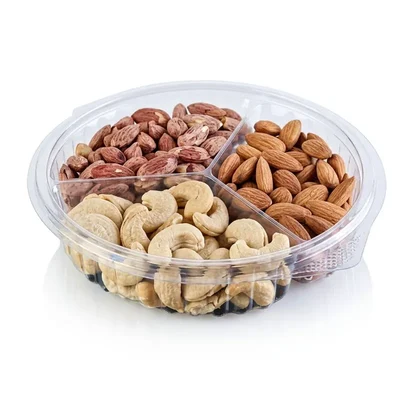 25 Pcs x 3 Compartment Round Dry Fruit Hinged Container, Clear Plastic Disposable Serving Tray for Sweets and Dry Fruits