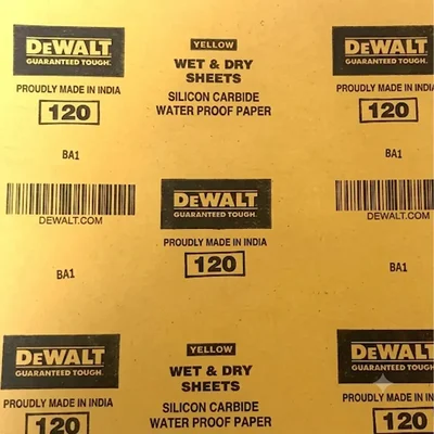 DeWalt Yellow Grit 120 Wet and Dry Silicon Carbide Waterproof Sandpaper Sheets Surface Leveling DXCT484WP03IN (Pack of 500)