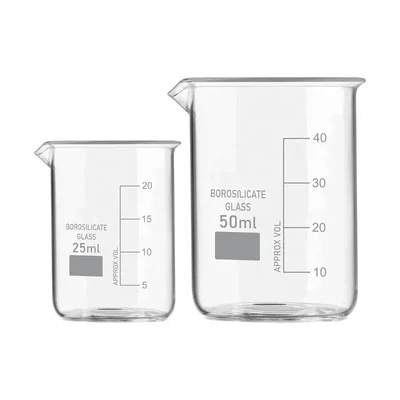 SBT Set of 2 pcs Borosilicate 3.3 Glass Beaker 25 ml, 50 ml with Graduation Marks for School, Collage Laboratory