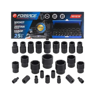 FORSAGE 25-Piece Dual-Drive Socket Set, 1/2" & 1/4" Drive Ratchets & Sockets - Chrome Vanadium (Cr-V) Steel (F-50121K)