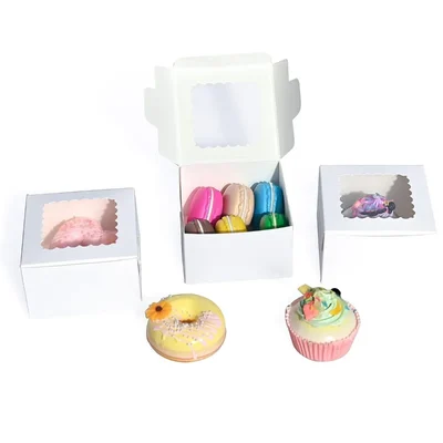 100 Pcs, 4 x 4 x 3 Inch 320 GSM Duplex Cake Box for Cookies, Pastries, Mini Cakes, Donuts, Pie Slices