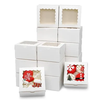 100 Pcs, 5 x 5 x 2 Inch 320 GSM Duplex Cake Box for Cookies, Pastries, Mini Cakes, Donuts, Pie Slices