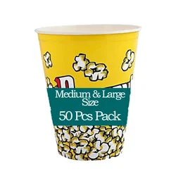 50 pcs Reusable Disposable Popcorn Tubs/Containers for Parties, Events and Movie nights(Size-Medium (14x11x9 cm))