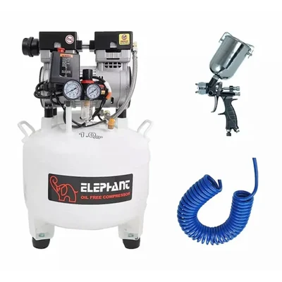Elephant 30 Liters Oil Free and Noiseless Dental Air Compressor with Spray Gun and Recoil Hose Combo (AC 30DR-PS 01)