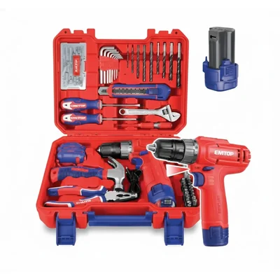 Emtop 10mm, 12V Cordless Drill Machine With 129 Pcs Household Tools Kit, 0-750 RPM (EEDK12901)