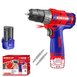 Emtop 10mm 12V Cordless Drill With Battery & Bits, Max. Torque 20Nm (ECDL12510)