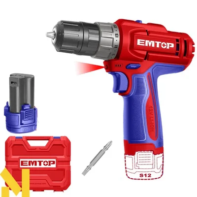 Emtop 10mm 12V Cordless, 20Nm Torque Drill Machine With Battery & Cr-V 65mm Bit, 0-400/0-1500 RPM (ECDL12206)