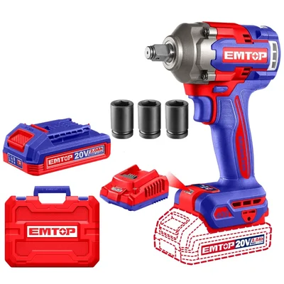 Emtop 1/2" 20V Cordless Impact Wrench With Battery, Charger & Socket Set, 2300 RPM (ECIWL2040)