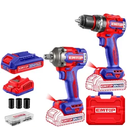 Emtop Cordless 2 Pcs Cordless Impact Drill & Impact Wrench Combo Kit With Battery, Charger & Accessories (ECKL20275)