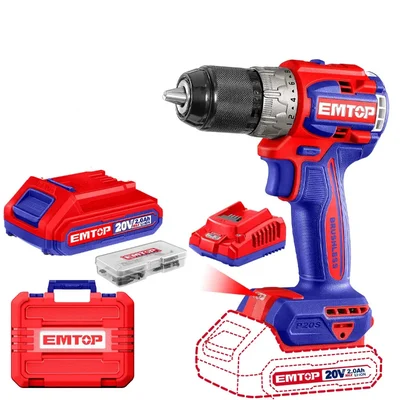 Emtop 13mm 20V Powerful Cordless Drill With Battery, Charger & Accessories, 0-550/0-2000 RPM (ECDL20602)