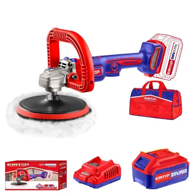 Emtop 180mm (7") 20V Cordless BL Variable Speed Polisher Machine With Battery-Charger & Accessories, 400-2500 RPM (ELAP20181)