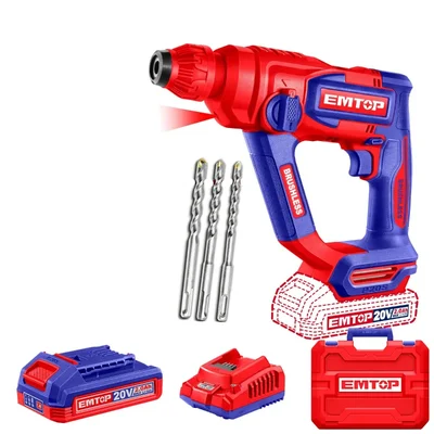Emtop 18mm (11/16") 20V Cordless BL Variable Speed, 2-Mode Function Rotary Hammer With Battery-Charger & Drill Bits, 0-850 RPM (ELRH201881)