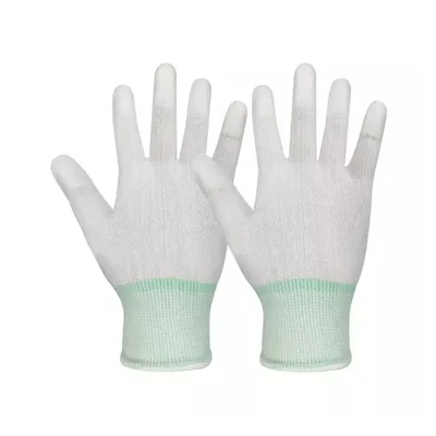 ESD Anti Static Carbon Fiber PU Fingertip Coated Safety Hand Gloves White & Green Free Size