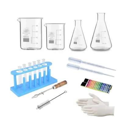 SBT Instruments 18pcs Combo Lab kit - Beakers, Conical, Test Tubes, Test Tube Stand, Holder & Brush, Dropper, PH Papers & Gloves