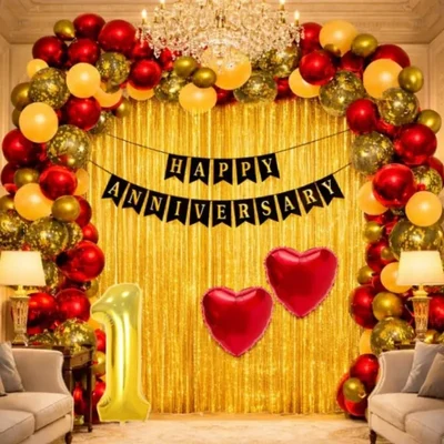 Pack of 5, 55 Pcs Red Golden 1st Anniversary Decoration Kit with Banner Heart Foil Confetti Balloons Curtain