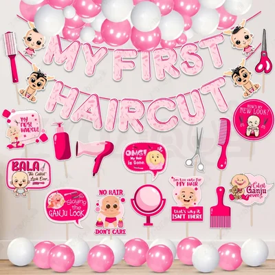 Pack Of 3 | 42 Pcs First Hair Cut Pink Mundan Decor Kit Paper Banner With Metallic Balloons & Photo Props