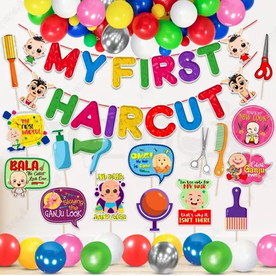 Pack Of 3 | 42 Pcs First Hair Cut Multicolor Mundan Decor Kit Paper Banner With Metallic Balloons & Photo Props