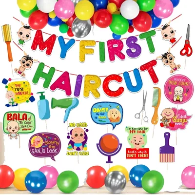 Pack of 3, 9, 18 First Hair Cut Multicolor Paper Banner With Metallic Balloons & Photo Props, 42 Pcs in a Pack(Pack-3 pcs)