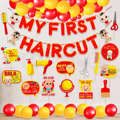 Pack Of 3 | 42 Pcs First Hair Cut Red Yellow Mundan Decor Kit Paper Banner With Metallic Balloons & Photo Props