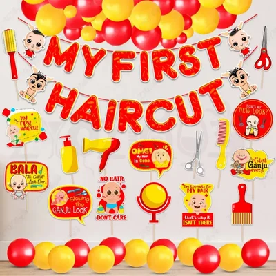 Pack of 3, 9, 18 First Haircut Red Yellow Mundan Decor Kit, Banner With Metallic Balloons & Photo Props, 42Pcs in a Pack(Pack-3 pcs)