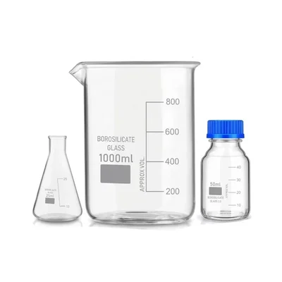 VVS Borosilicate Glass Flask 25ml, Beaker 1000ml & Reagent Bottle 50ml Pack of 3 Lab Set