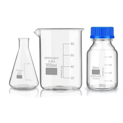 VVS Borosilicate Glass Flask 25ml, Beaker 100ml & Reagent Bottle 50ml Pack of 3 Lab Set