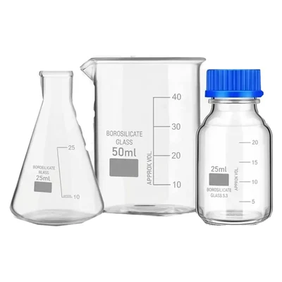 VVS Borosilicate Glass Flask 25ml, Beaker 50ml & Reagent Bottle 25ml Pack of 3 Lab Set