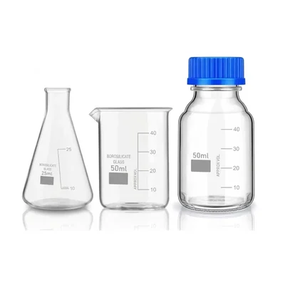 VVS Borosilicate Glass Flask 25ml, Beaker 50ml & Reagent Bottle 50ml Pack of 3 Lab Set