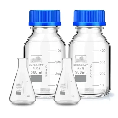 SBT Instruments Borosilicate Glass Conical Flask 50ml x 2pcs & Reagent Bottle 500ml x 2pcs with Blue Screw Cap