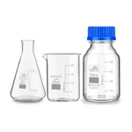 SBT Instruments Borosilicate Glass Measuring Conical Flask 25ml, Beaker 25ml & 50ml Reagent Bottle with Blue Screw Cap