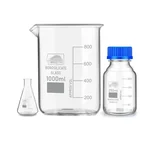 SBT Instruments Borosilicate Glass Measuring 25ml Conical Flask, 1000ml Beaker & 250ml Reagent Bottle with Blue Screw Cap