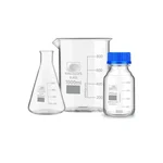 SBT Instruments Pack of 3, Borosilicate Glass Conical Flask 500ml, Beaker 1000ml & Reagent Bottle 250ml with Blue Screw Cap